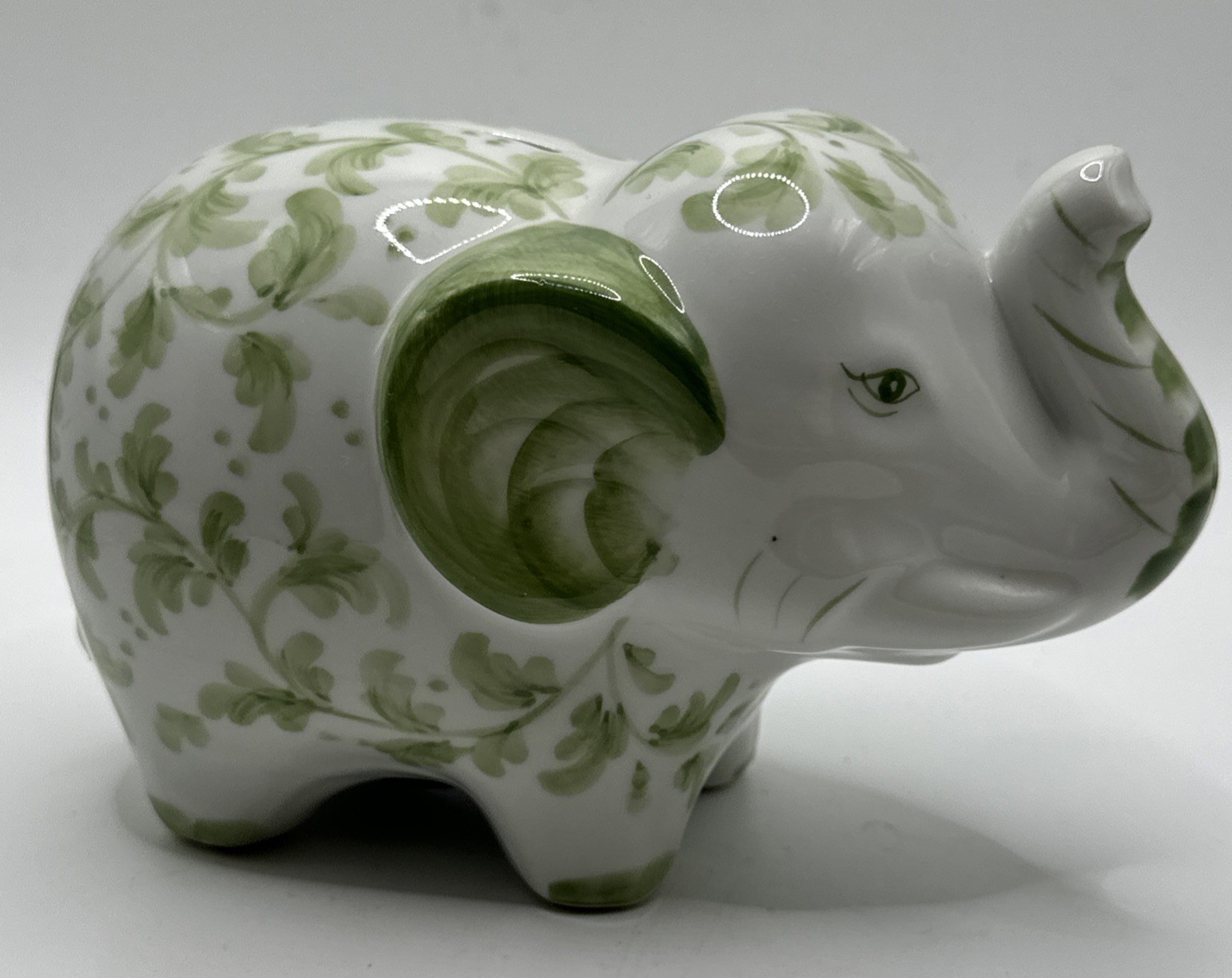 Andrea by Sadek Green and White Porcelain Elephant Coin Bank