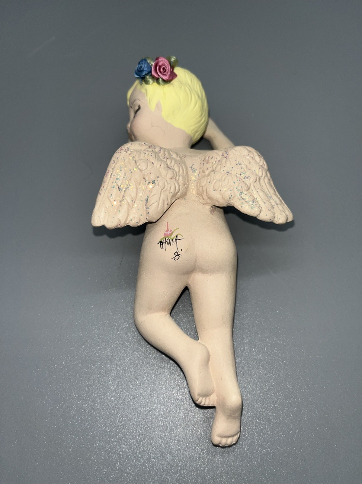 Vintage Ceramic Bisque Porcelain Sleeping Angle Cherub Nude Figurine Signed