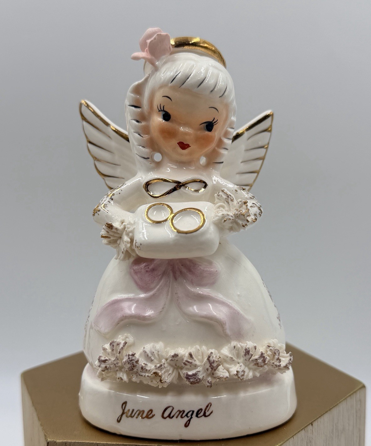 Vintage NAPCO June Angel Figurine Holding Gold Wedding Rings C-1366