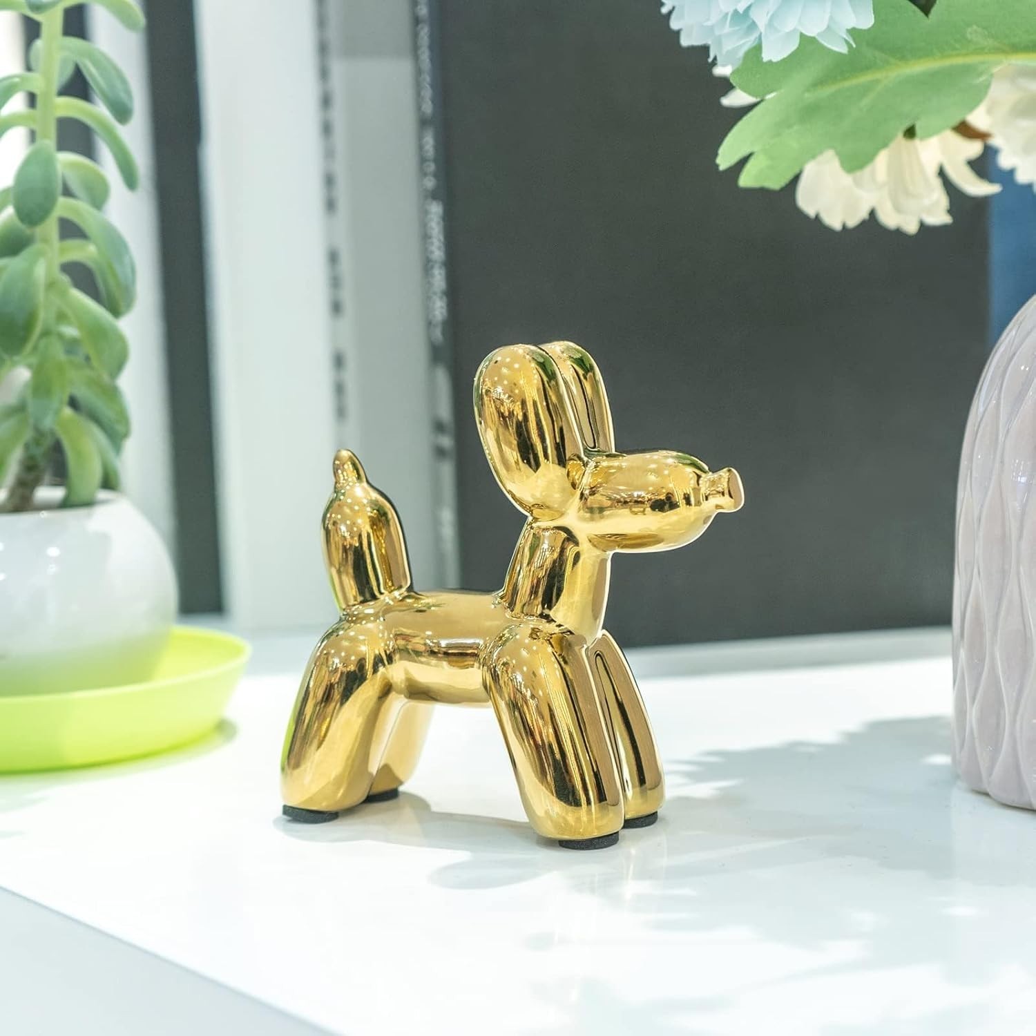 Cute Golden Balloon Dog Ceramic Statue – Ideal for Living Room Decorations