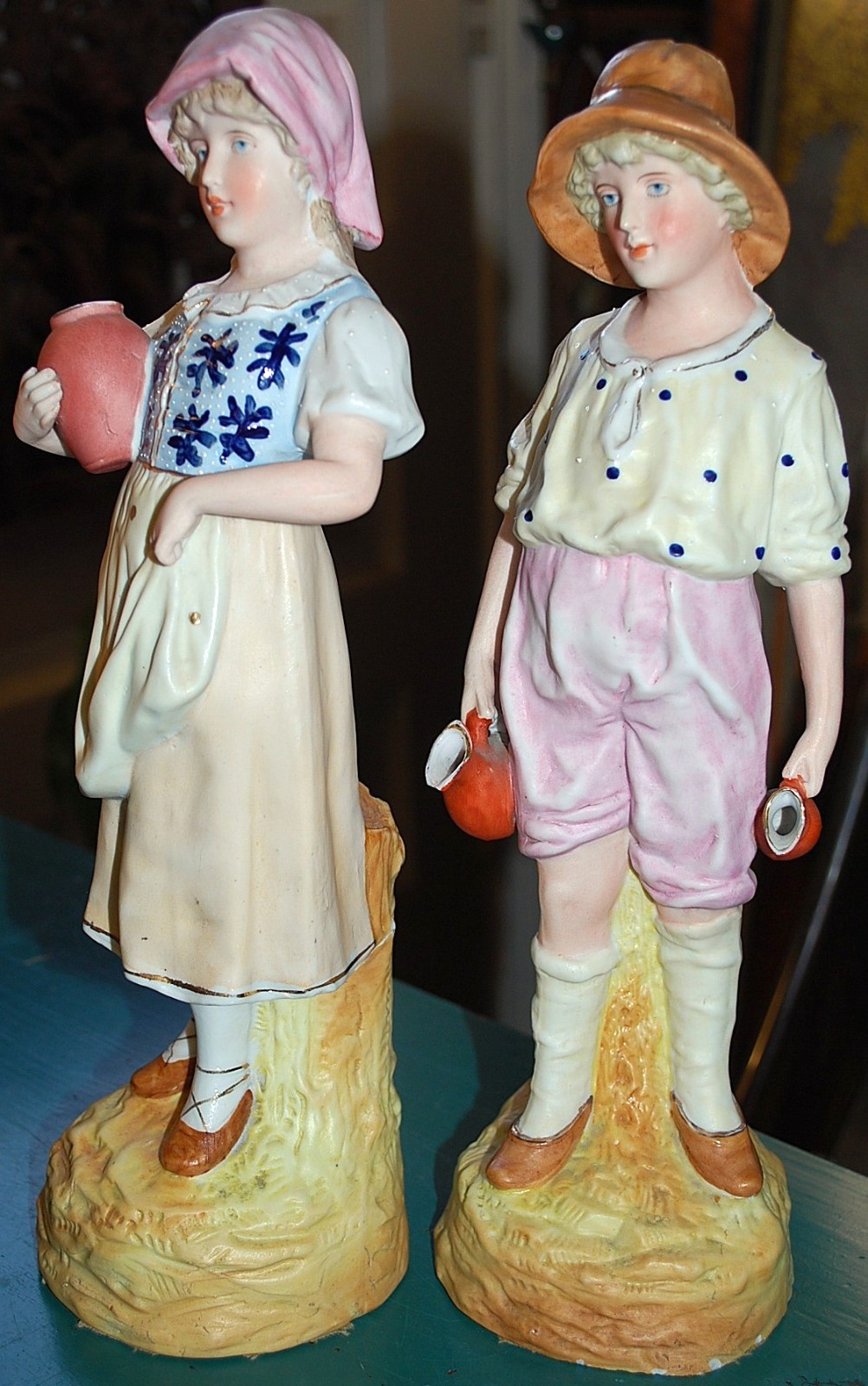 SET 2 Antique GEBRUDER HEUBACH Porcelain Figurines BOY & GIRL W MILK JUGS c1900