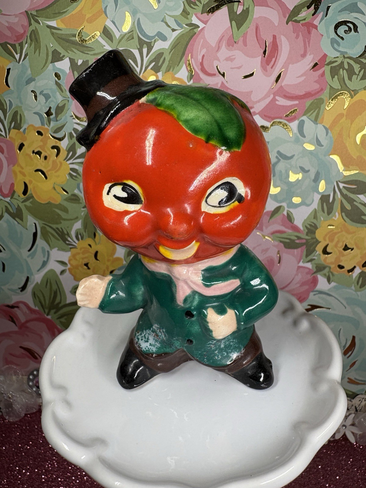 Vtg Big Tomato Head Boy Man In Top Hat Green Coat Brown Pants Figurine Japan