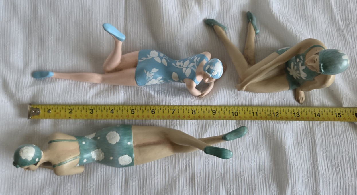 3 Art Deco Bathing Beauty Figurines Teal Blue Flower Swim Suit Retro Beach Babes