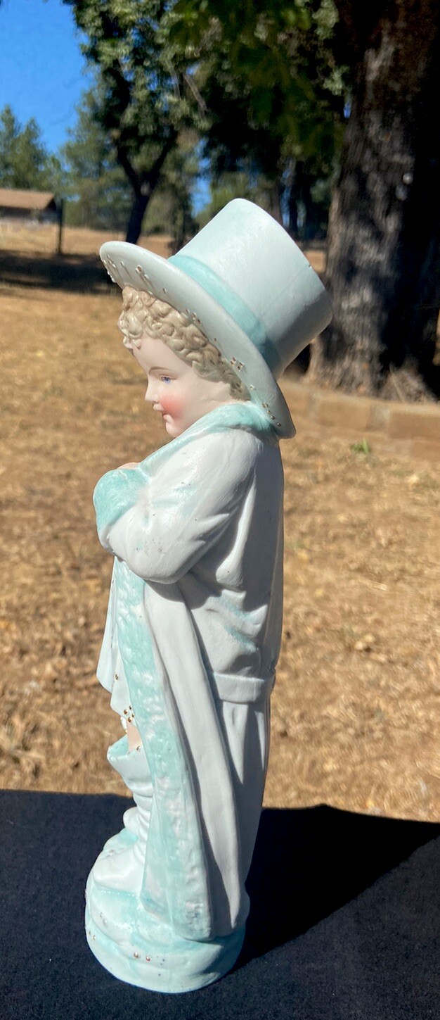 ANTIQUE GERMAN BISQUE BOY FIGURINE W/TOP HAT & FANCY CLOTHES 10.5 In