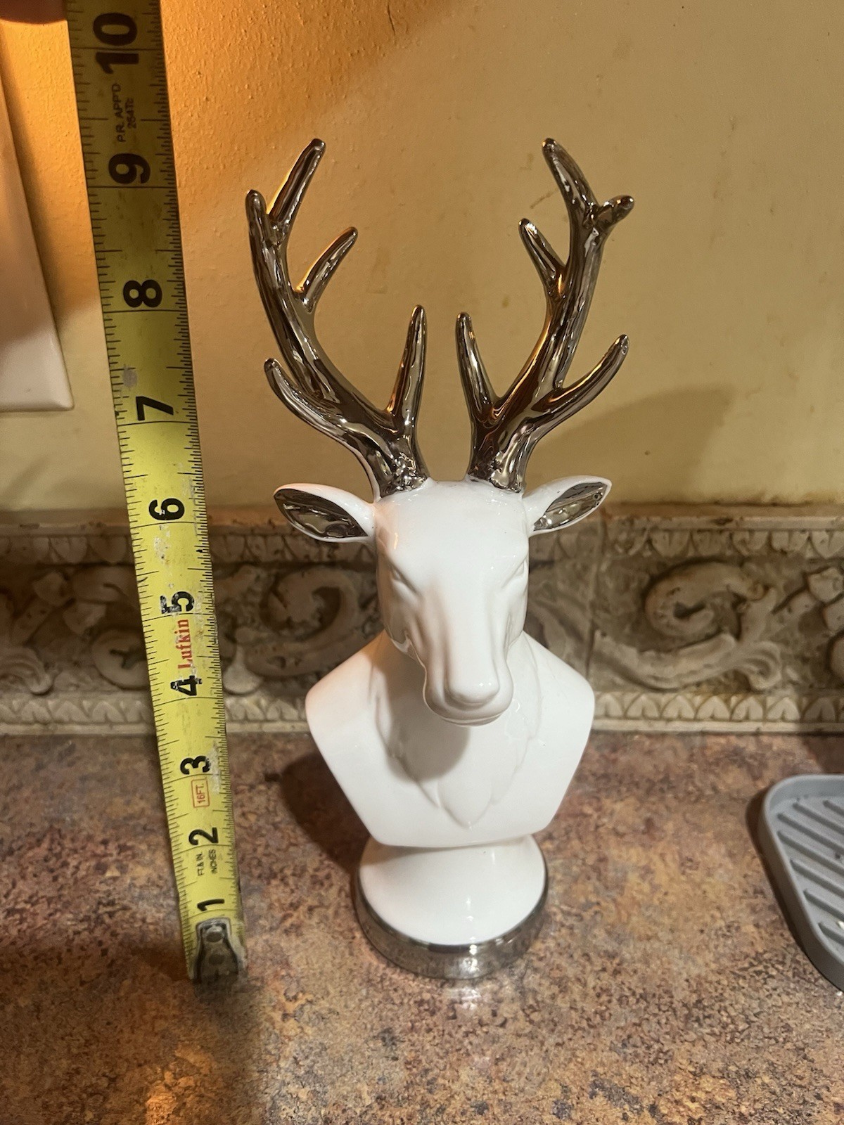 White Silver Deer Buck Figurine Ceramic Metallic Finish 9in Animal Sculpture