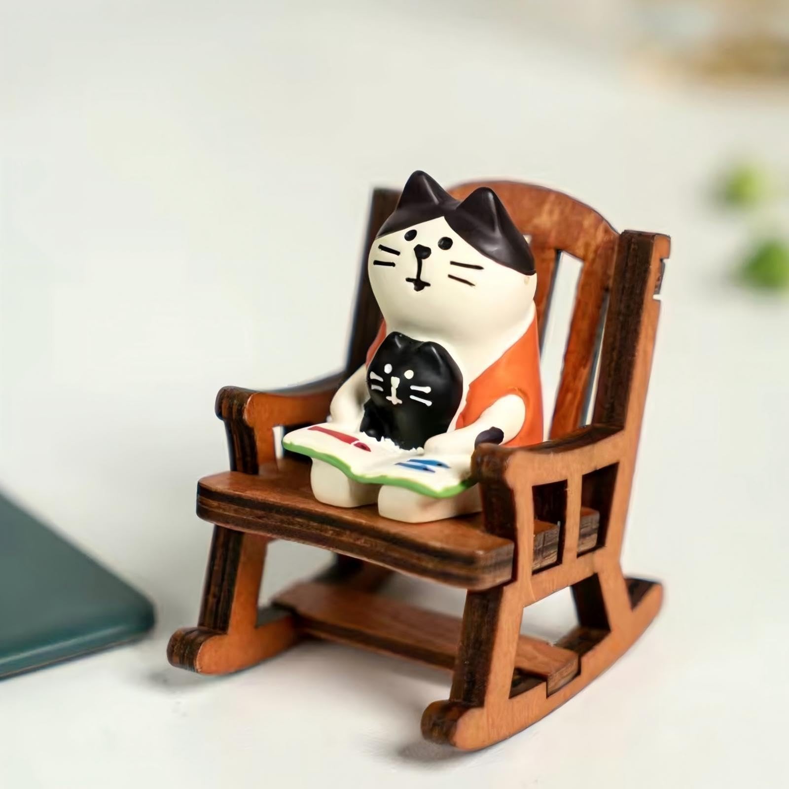 Gwindrise Miniature Cat Reading Figurine Set, Resin Desk Decor with Wooden Ro…