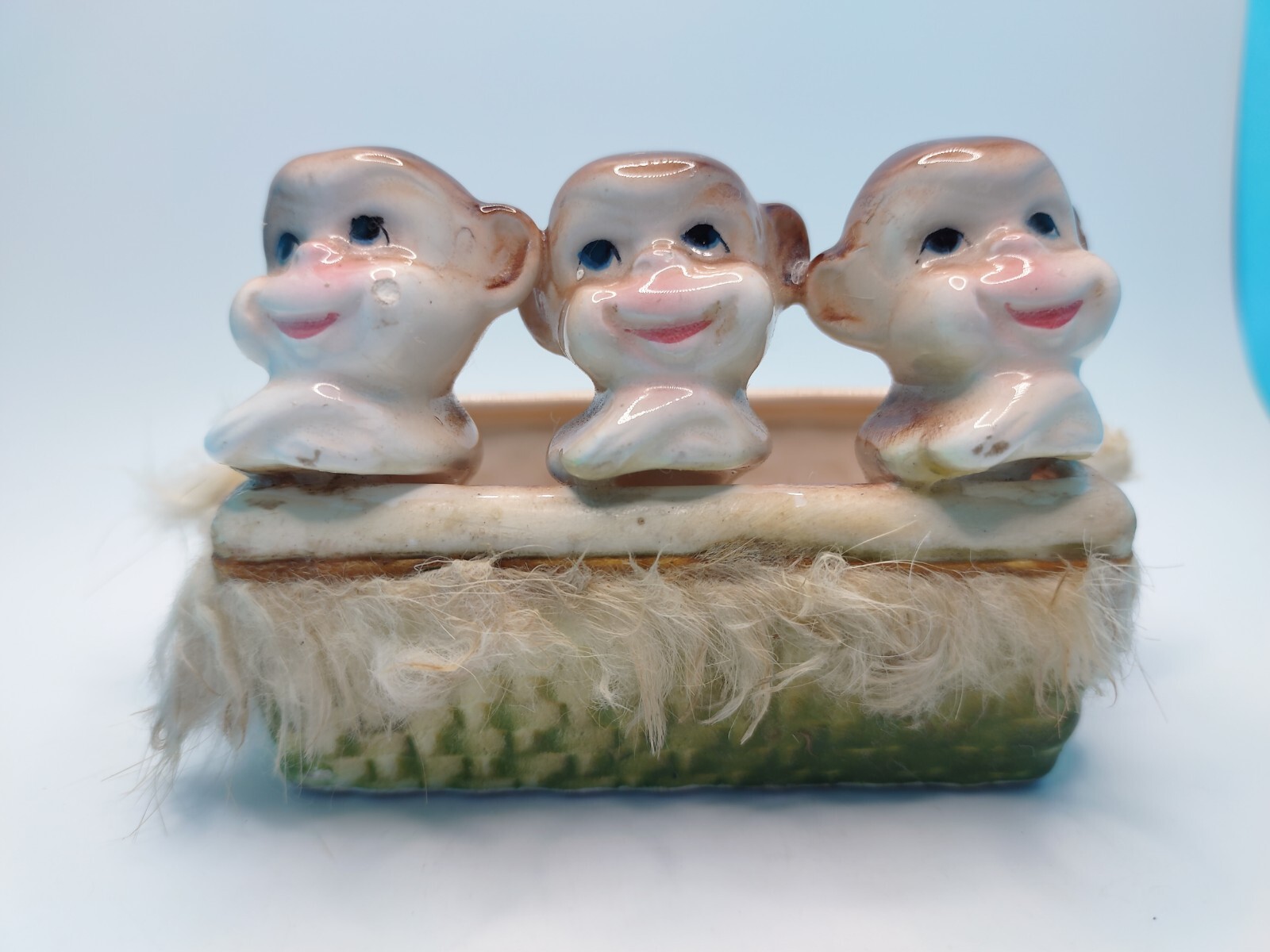 Vintage Moriyama Pottery Three Little Monkeys In Fur Lined Tub Made In Japan ’50
