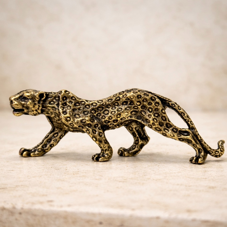 Vintage Metal Leopard Figurine Handmade Indian Brass Style Big Cat Decor 3.5 in