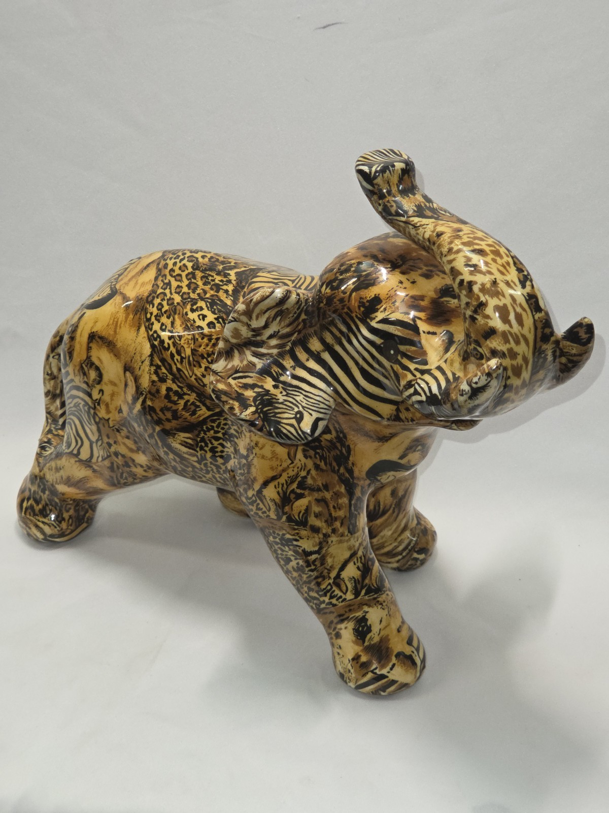 Vintage Safari Elephant Figurine Resin Faux Tortoiseshell Patt & Animal Print