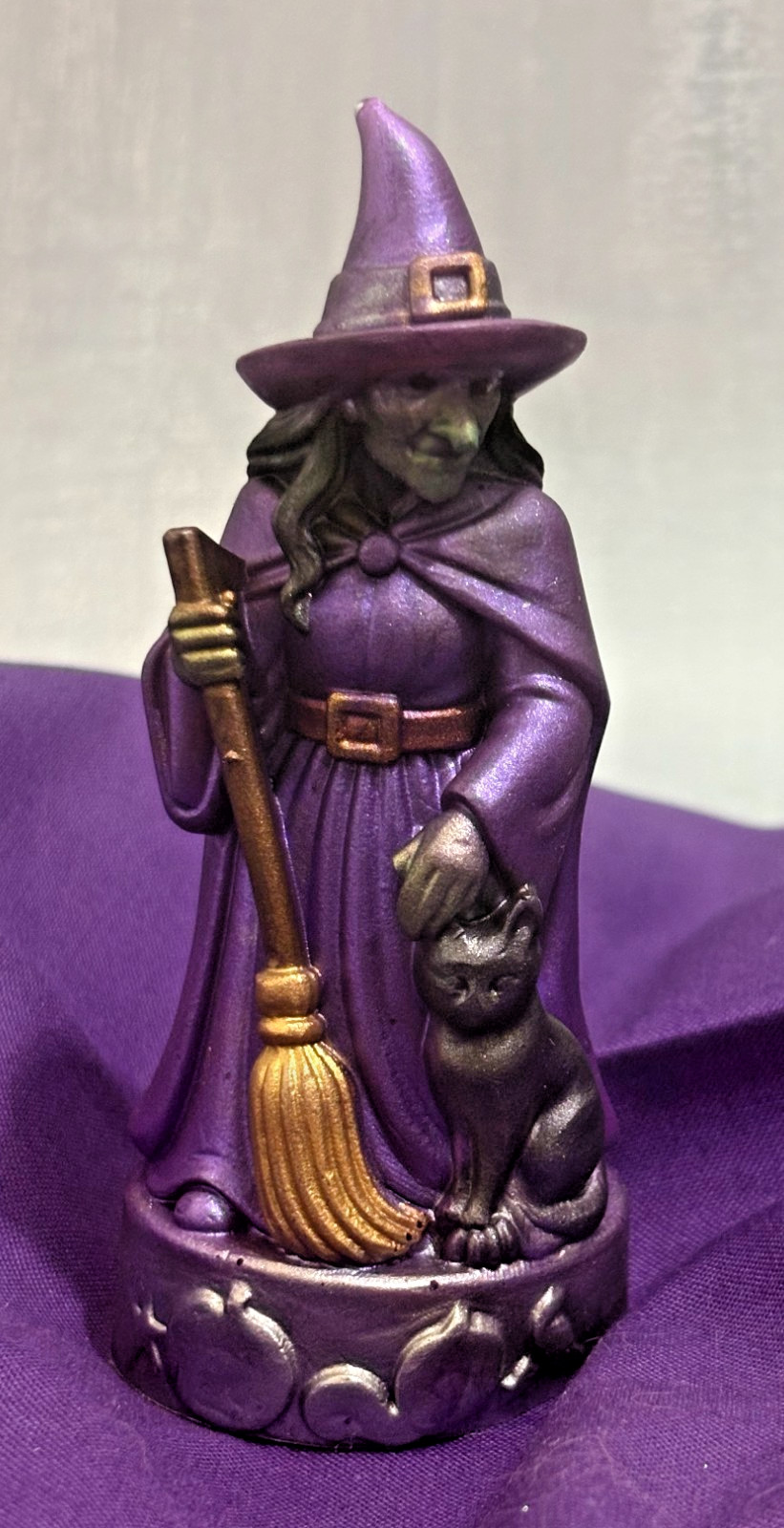 Handmade Resin Hand-Painted Metallic Witch Figurine with Black Cat – Halloween