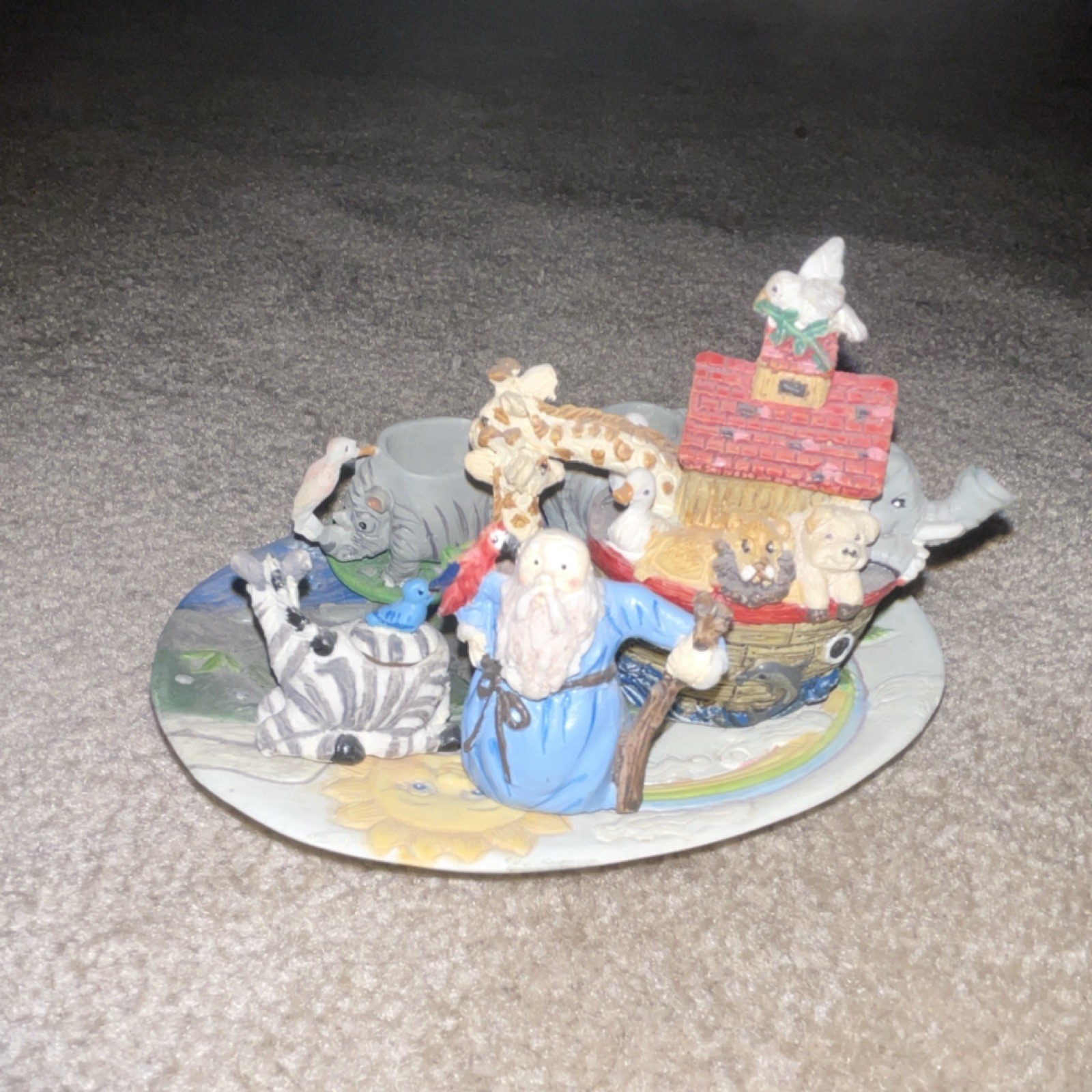 Noah’s Ark Resin Animal Figurine Scene on Oval Base, Hand Painted 3D Effect