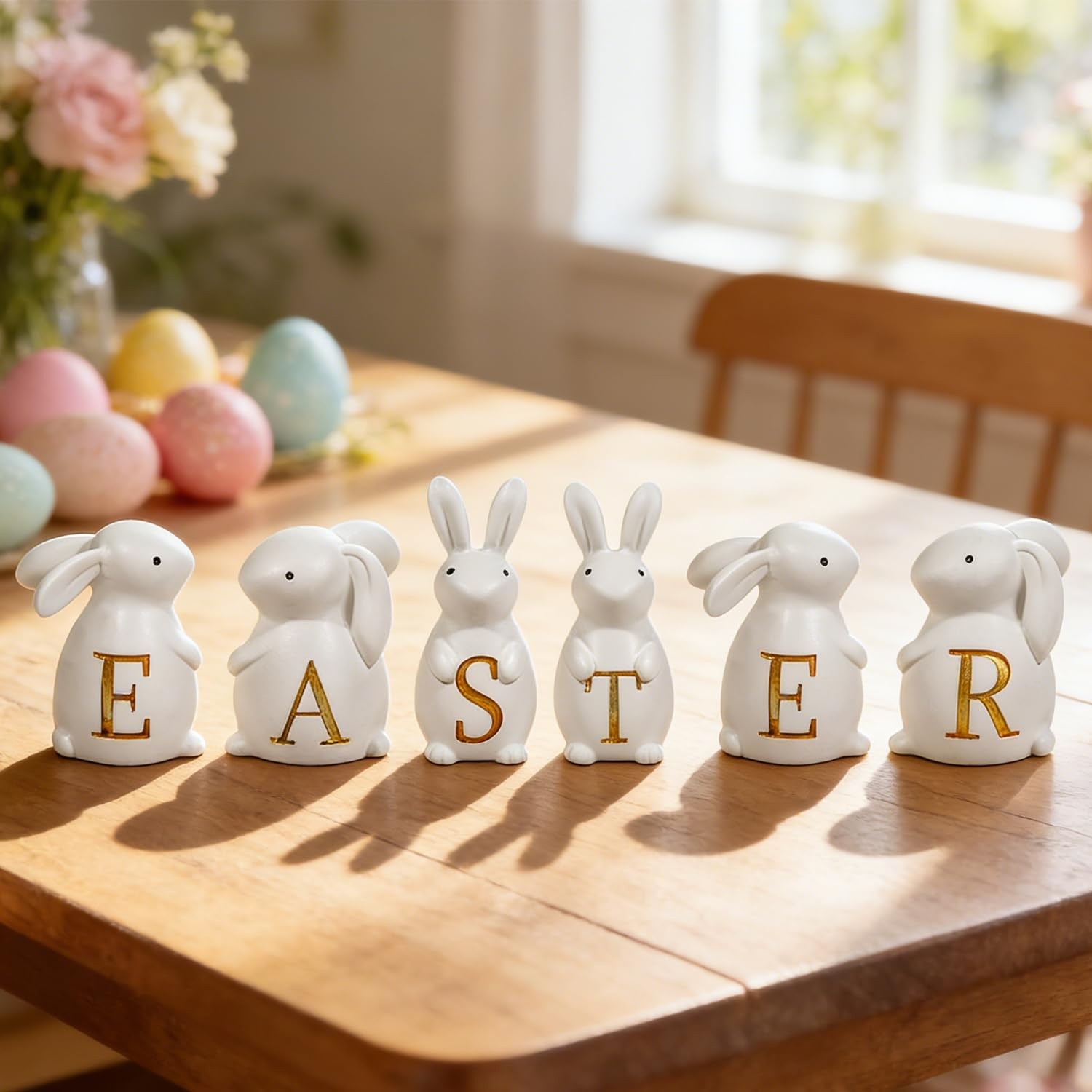 6 PCS White Resin Easter Bunny Figurines Gold Letters Spring Tabletop Decor