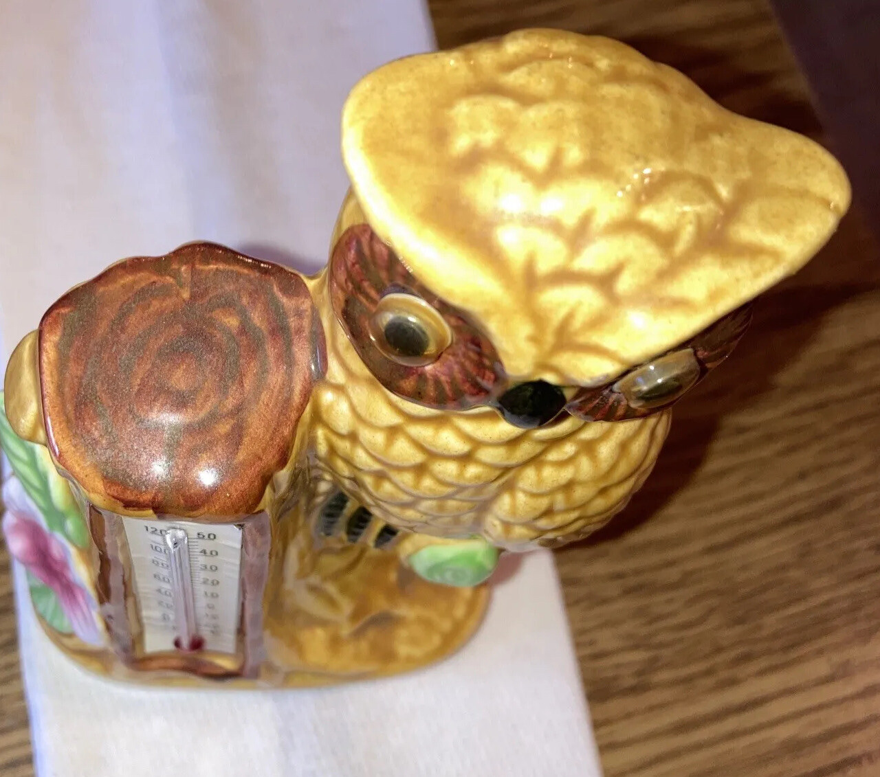 Vintage Ceramic Owl on Branch figurine Thermometer initials “KOS” 5″x3-1/2″x2″