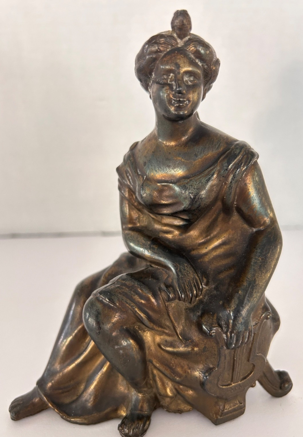 Antique Cast Metal Spelter Woman With Harp Lyre Clock Topper 6 3/8” X 5”