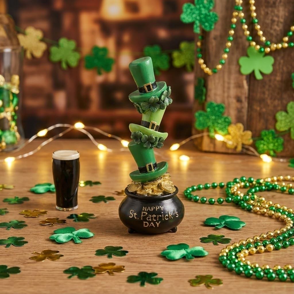 St Patricks Day Pot of Gold Hat Figurine, 11.2″ H Resin Saint Patrick’s Statu