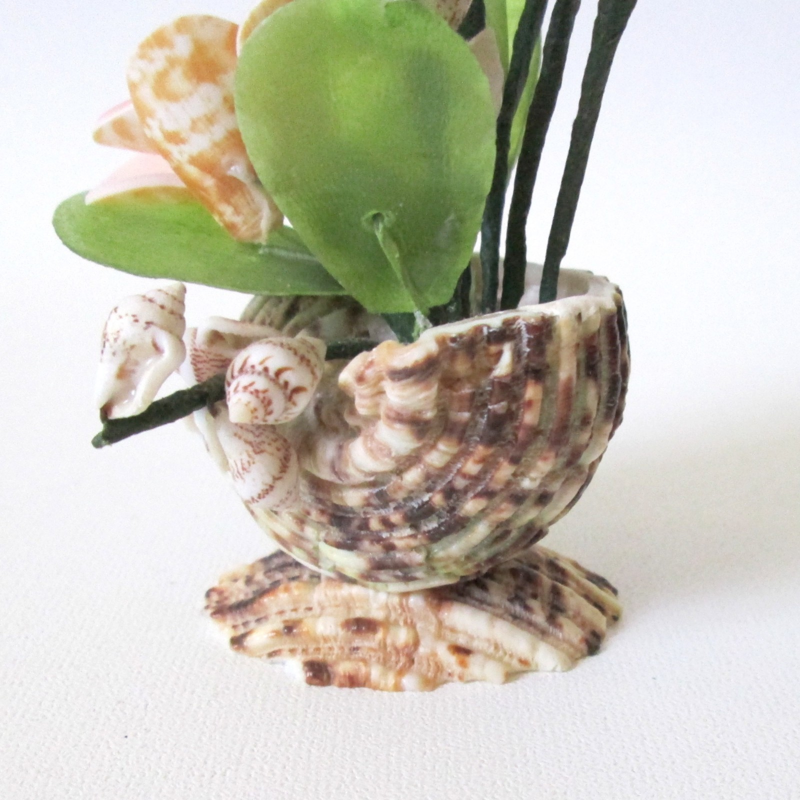 Vintage Handmade Shell Flowers In Shell Vase Folk Art 5″ Tall
