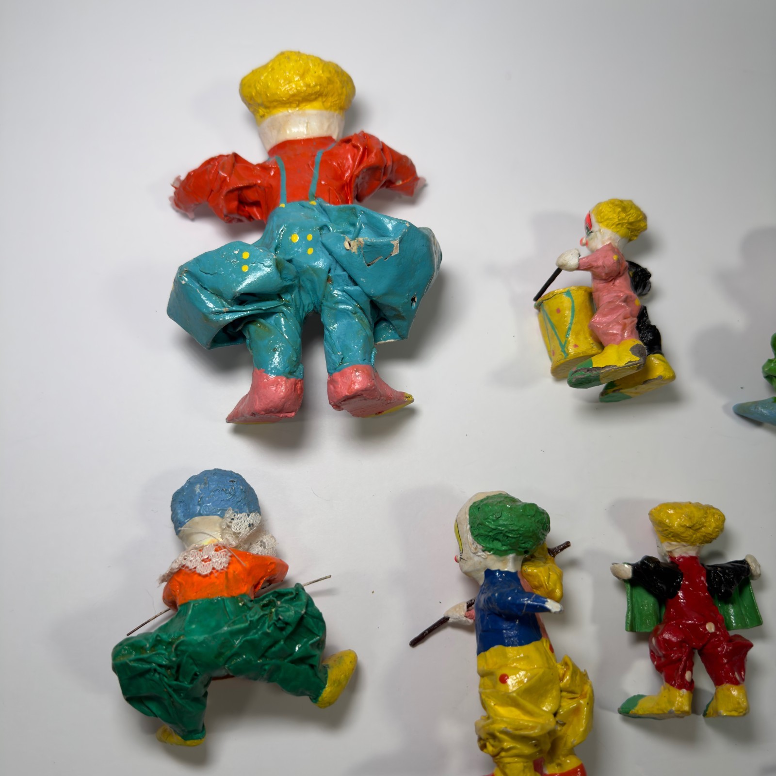 Paper Mache Clowns LOT of 7 Colorful Various Sizes Vintage Musical Instruments