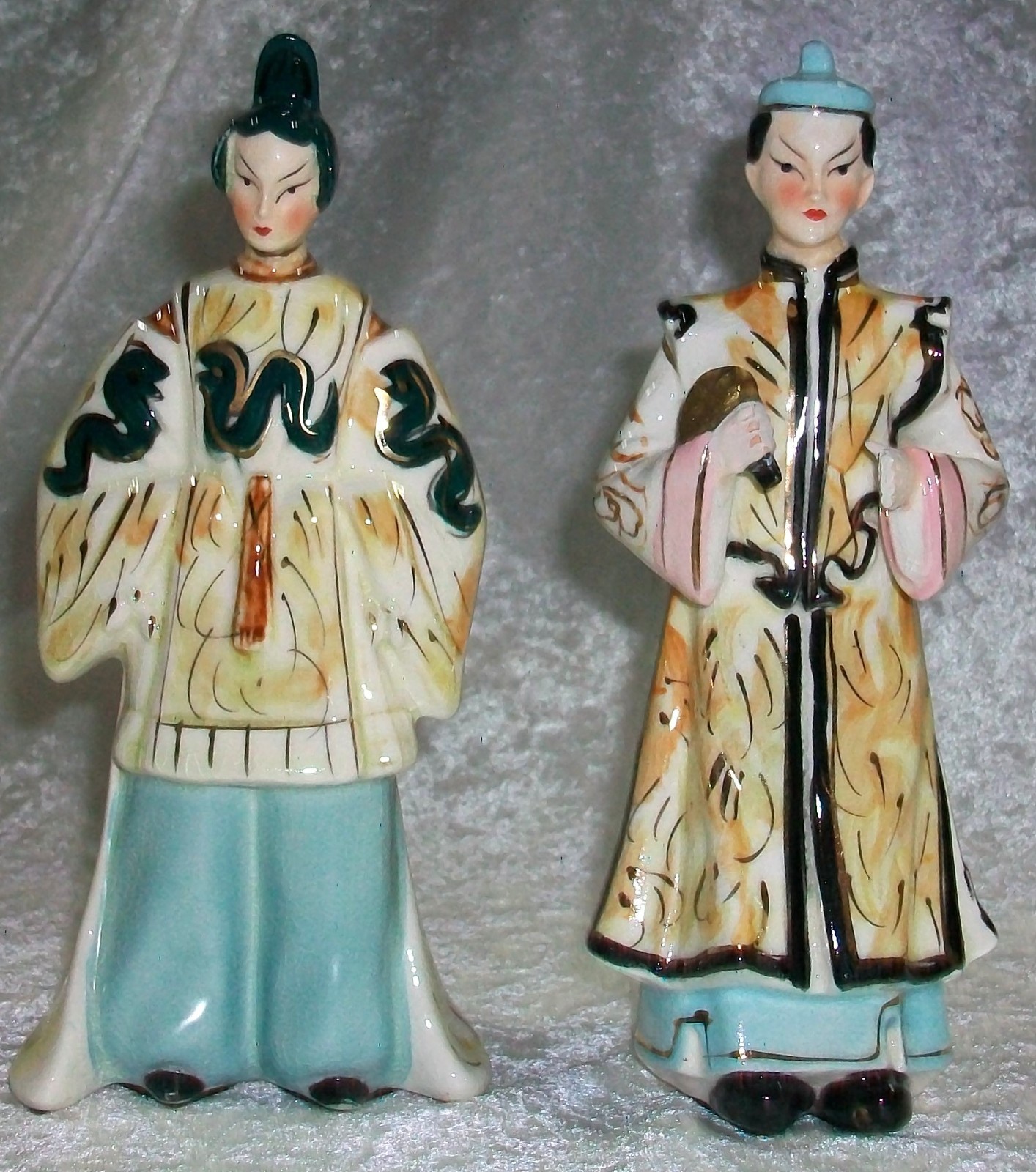 Vintage Asian Oriental Ceramic Green Snake Nagas Empress Emperor Deity Figurines