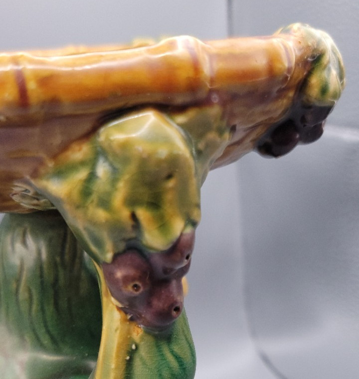 60s VTG Majolica Style Ceramic Monkey Holding Basket Pedestal Bowl Figurine 9.5″