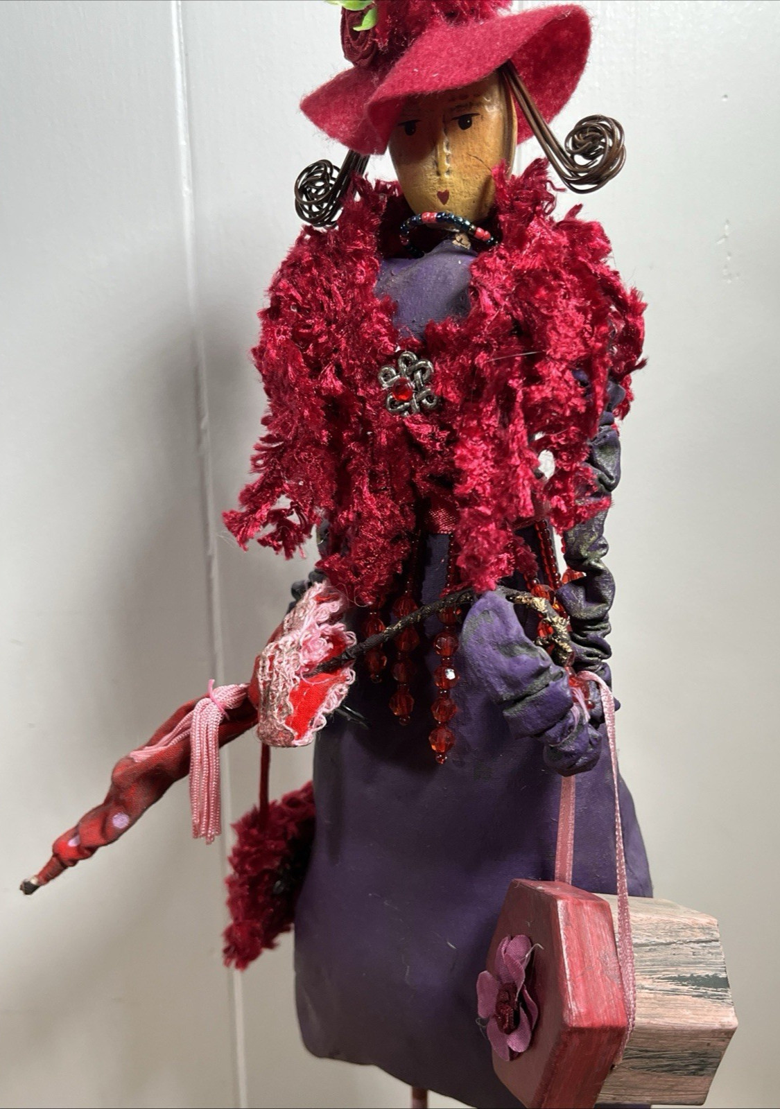 Collectible Hand Crafted Folk Art Paper Mache Woman Shopping 16″ Figure Umbrella