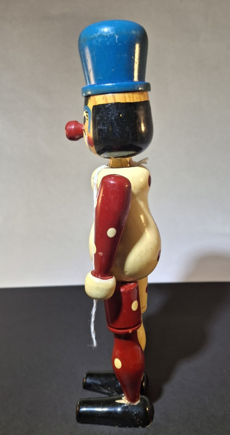 Vintage Wooden Standing Clown Doll Figurine Painted Jointed Wood Figure 9″