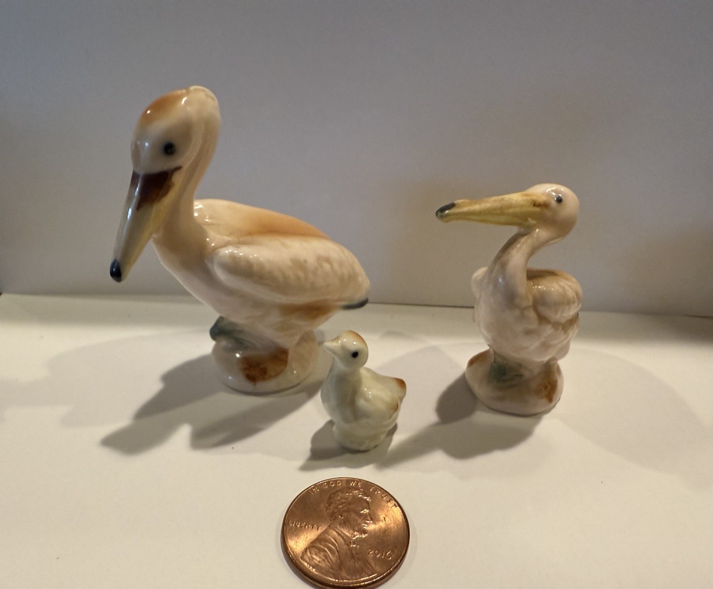 Vintage Miniature Bone China Pelican Family Of 3 Figurine Bird