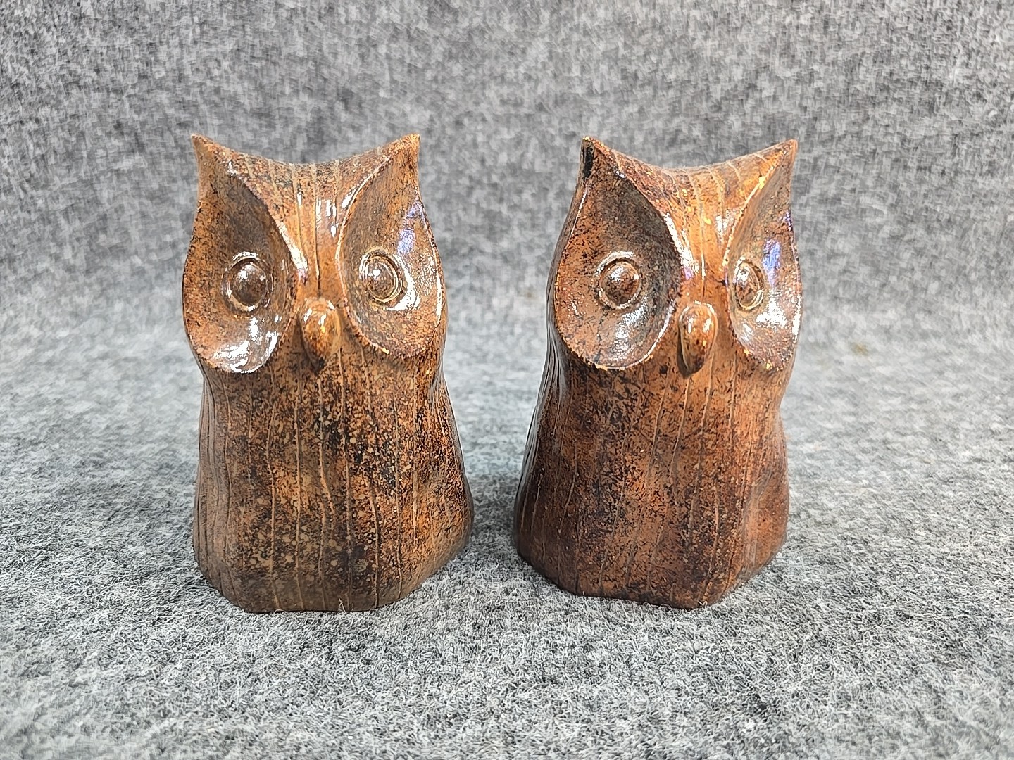 2 Vintage Resin Wood Owl Statues Brown 5 Inches Set