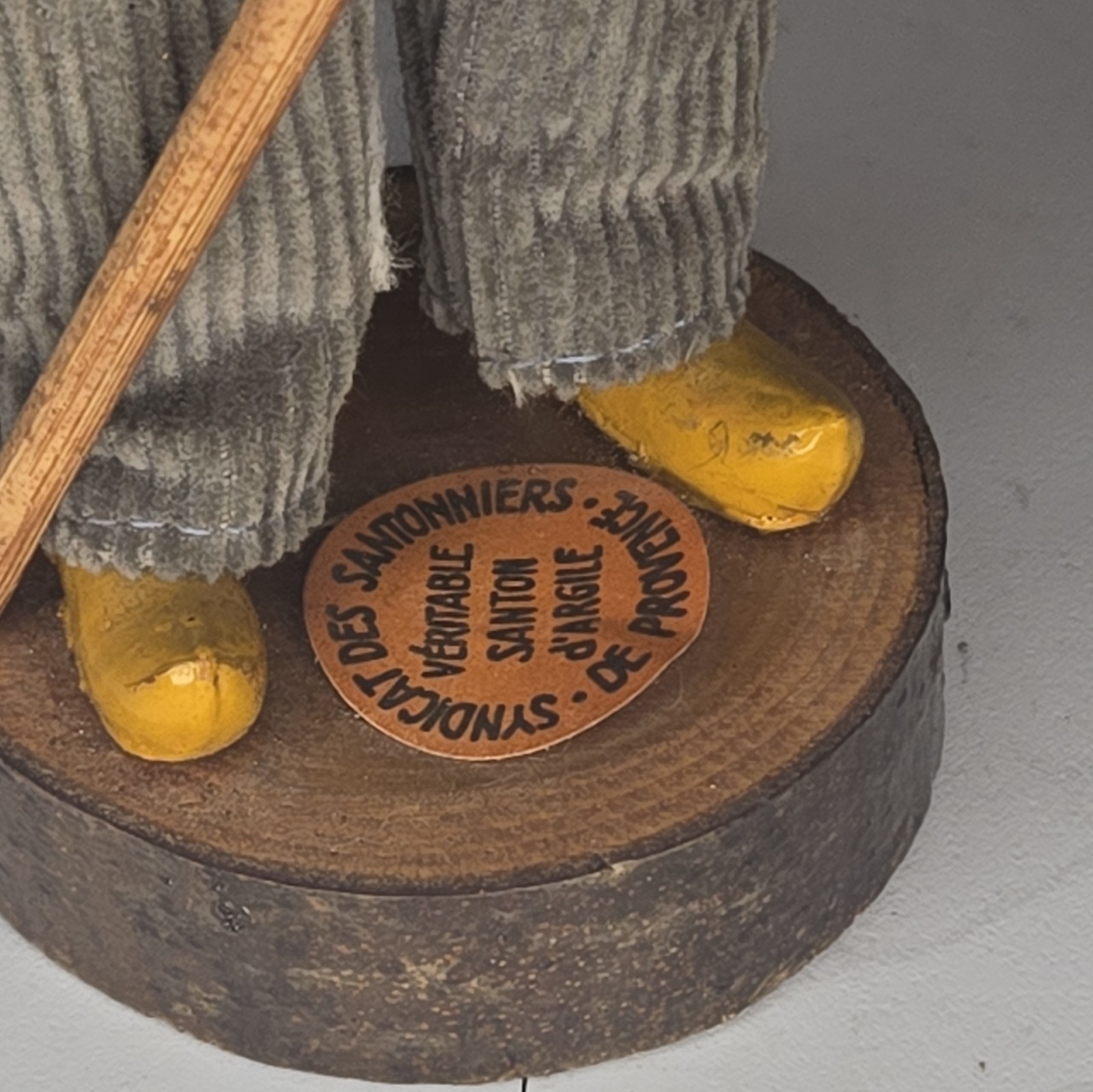 French Folk Art Man Figurine Plaid Fabric Wood Brown Multicolor Wooden Base