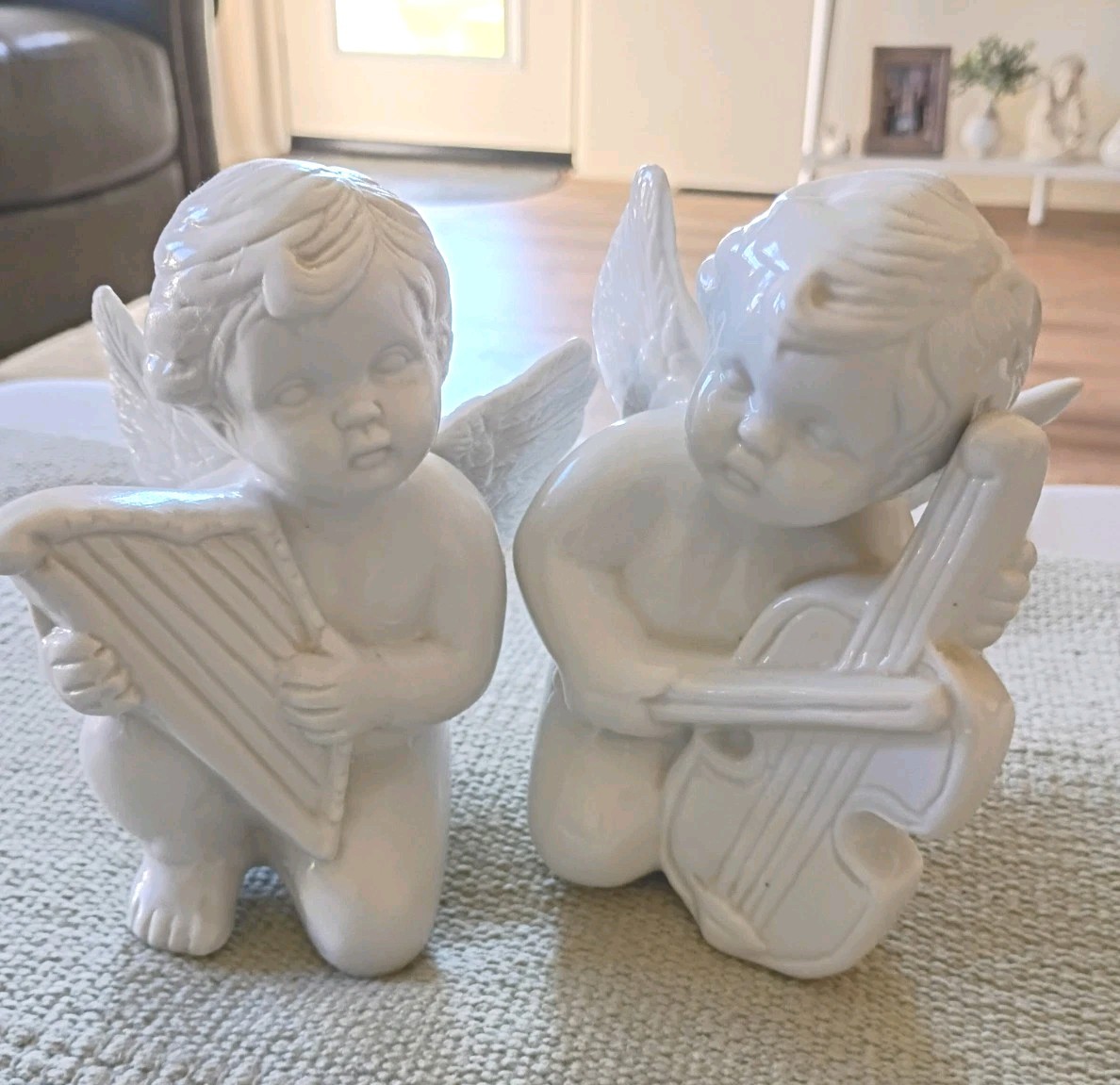 Kneeling Angel Cherub Porcelain Pair Instrumental Figurines White Glossy