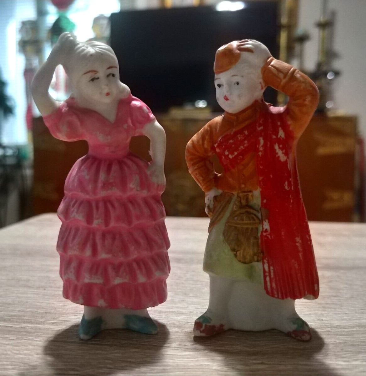 Pair vintage bisque Japan figurines. Girl, pink dress. Scottish boy
