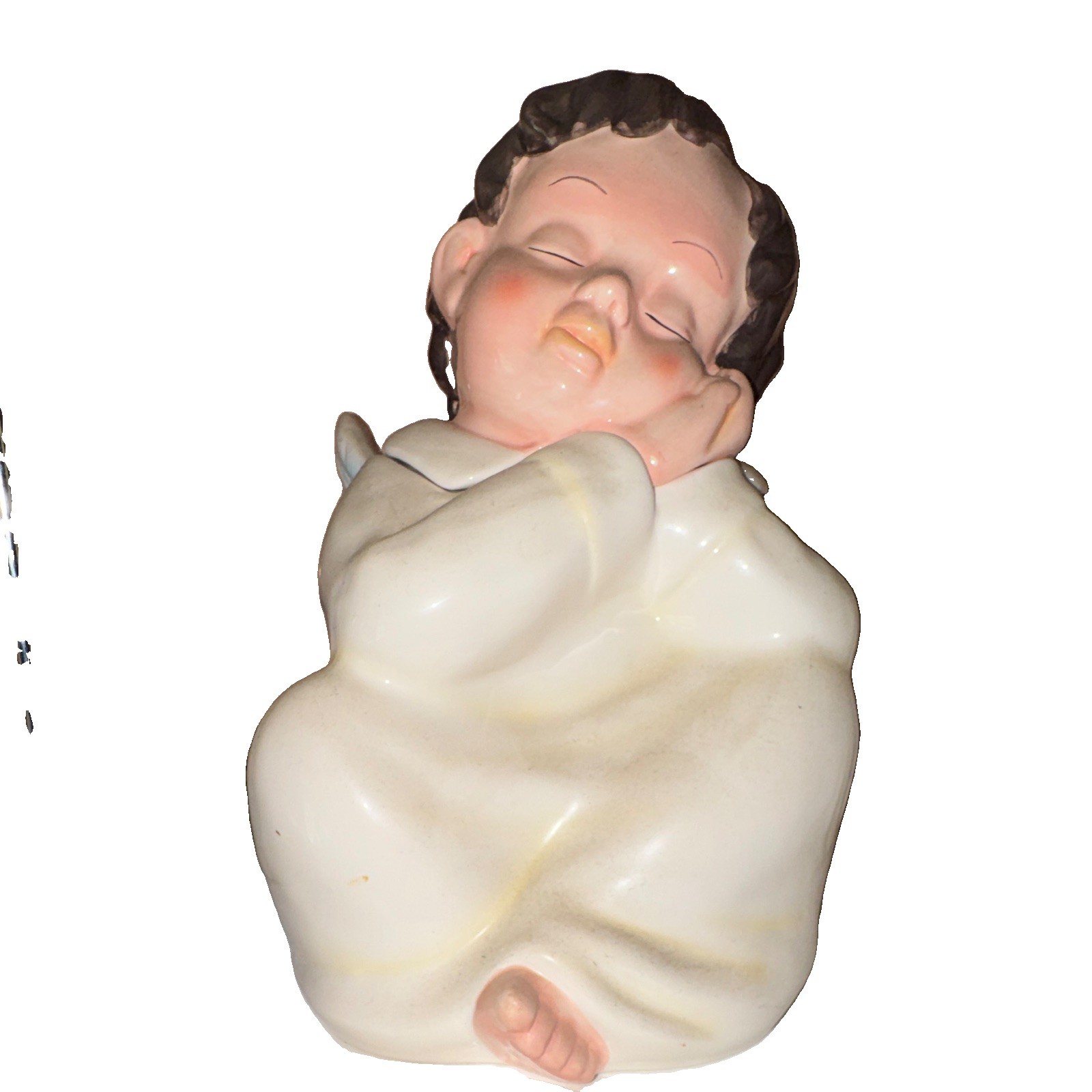 Ceramic Sleeping Baby Figurine Glossy Finish White Pink Brown Kids Decor