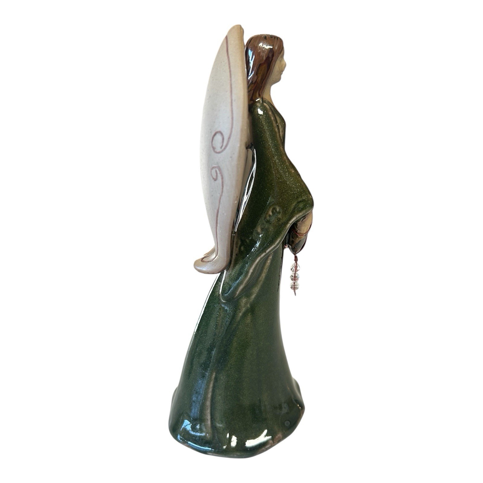 Vintage Heavenly Angel Holding Heart, Green, 8.5 Inches Tall, “Believe”