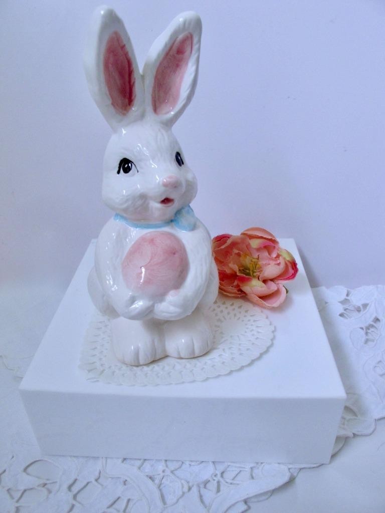 Adorable Vintage Easter Bunny w Pink Easter Egg Figurine 6 1/2″ Tall PR Taiwan