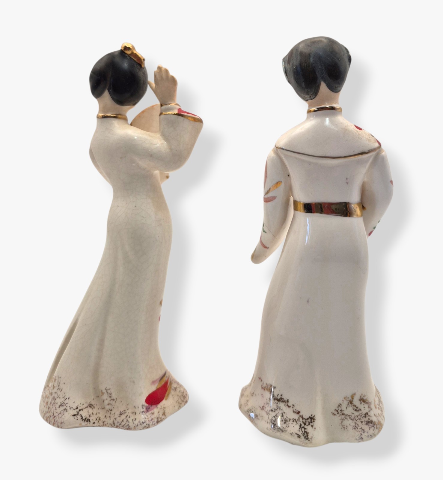 Vintage Japan Geisha Figurines Pair Porcelain Asian Ladies Fans Floral Kimono 6″