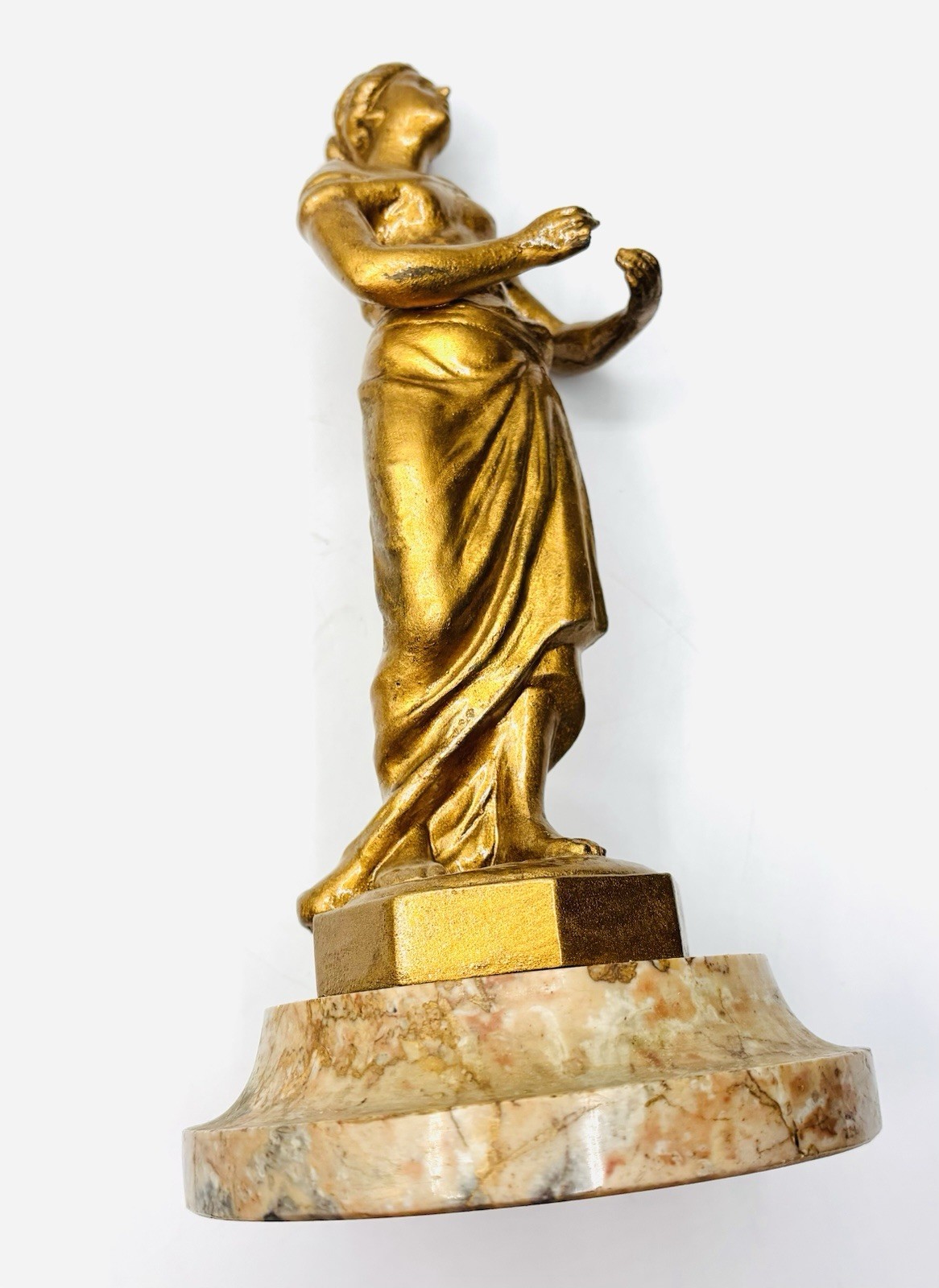 Enameled Metal Peasant Lady Decorative Figurine With Marble Base -thumb As Is