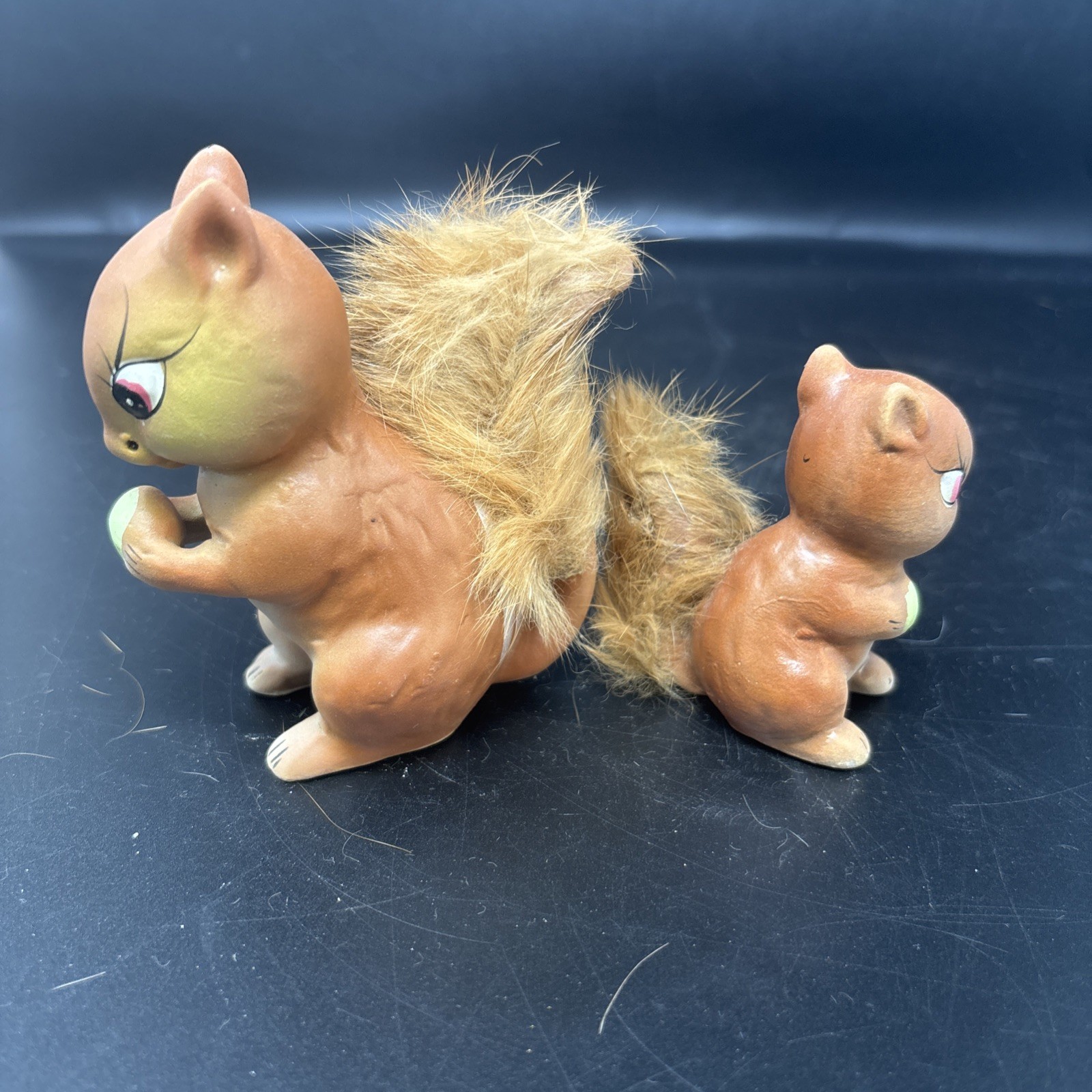 Vintage Squirrels Ceramic Enesco Japan Figurines Faux Fur 2pc Set Japan