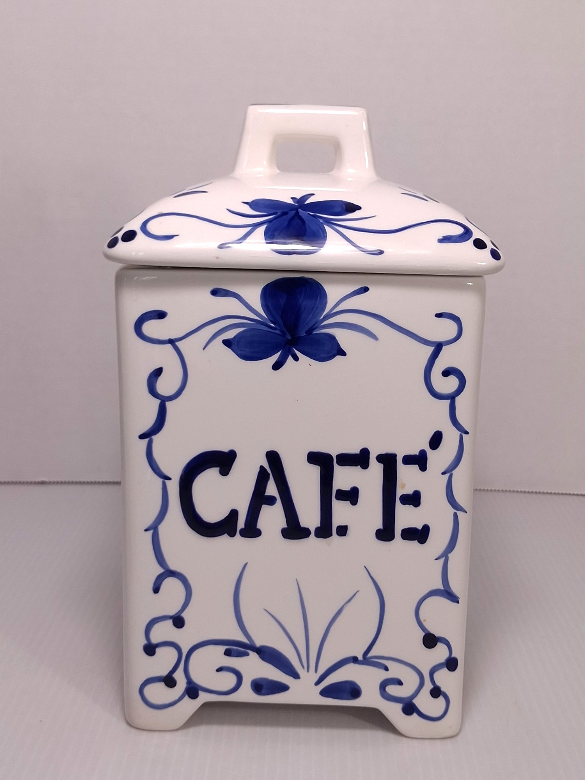 Vintage Jay Willfred Coffee “Cafe” Ceramic Canister Blue & White 8.25″ Tall