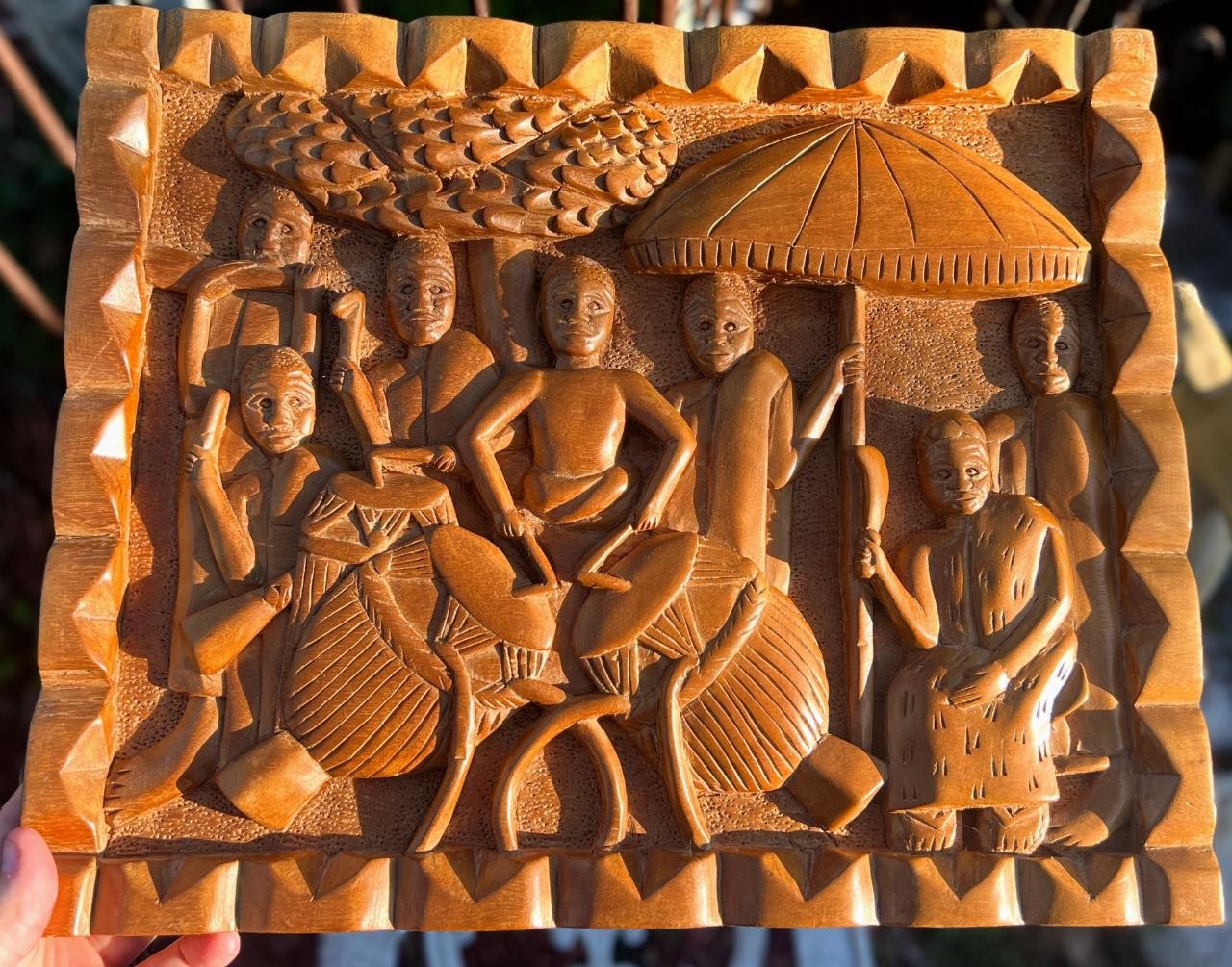 Hand Carved Ethnic Wood Carving Storyboard Panel Tribal Art Men Women Tree Drums