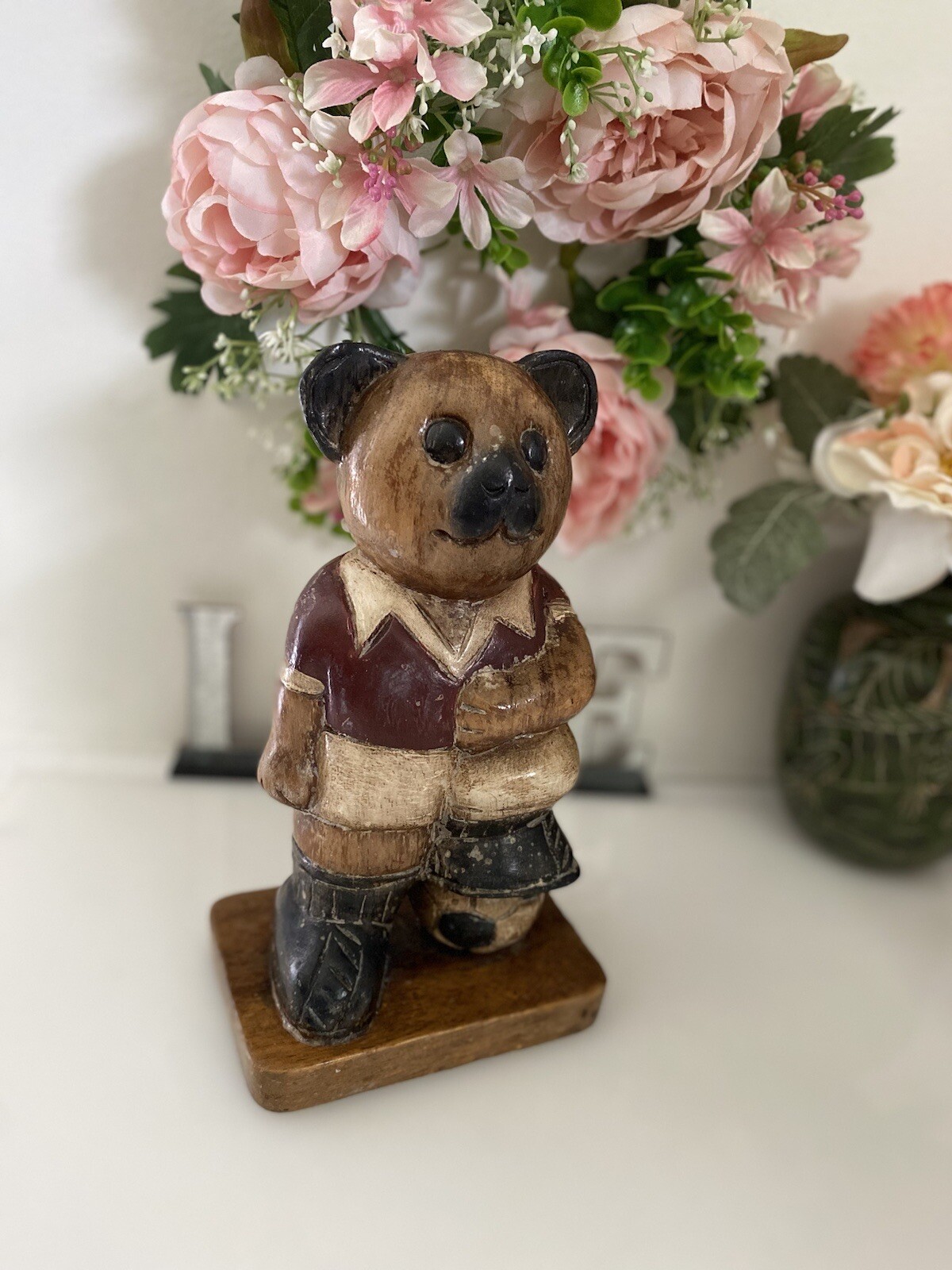 Wooden Bear Handmade Statue 10″ Soccer Teddy Bear Kids Room Vintage Figurine EUC