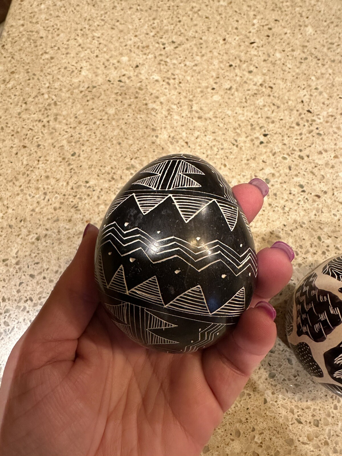Hand Painted and Carved set of 4 Eggs Geometric Patterns Collectible Decor