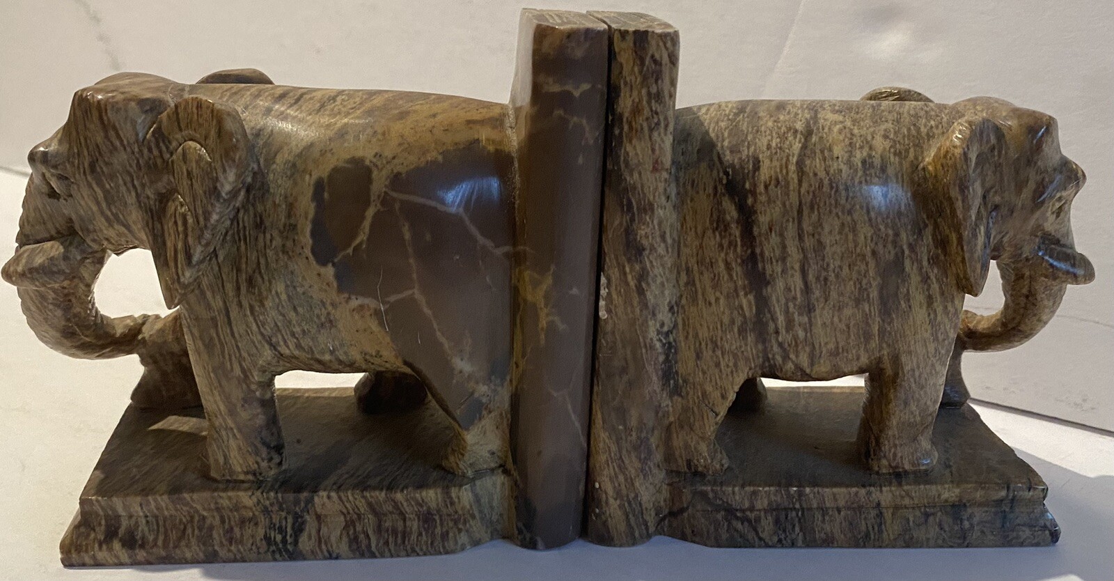 Vintage Stone Sculpted Elephant Bookends Art Deco 4 1/2 Lb