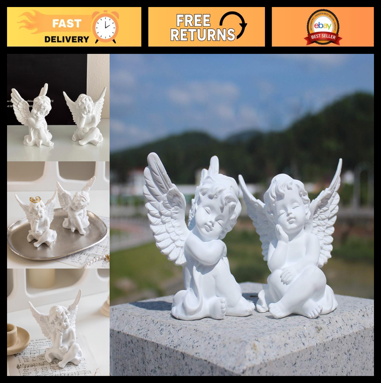 Set of 2 Cherub Angel Resin Statues – Adorable Indoor Home Decor, 4″ White Figur