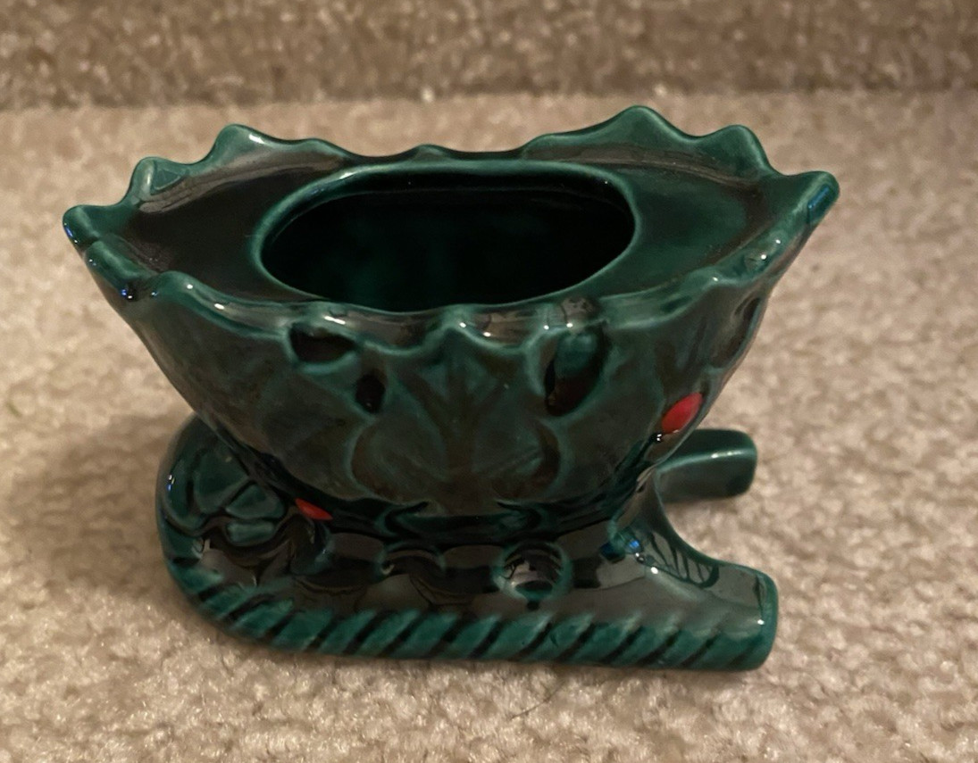 Lefton Green Holly Berry Small Ceramic Sleigh Toothpick Holder #1693 FREE SHIP