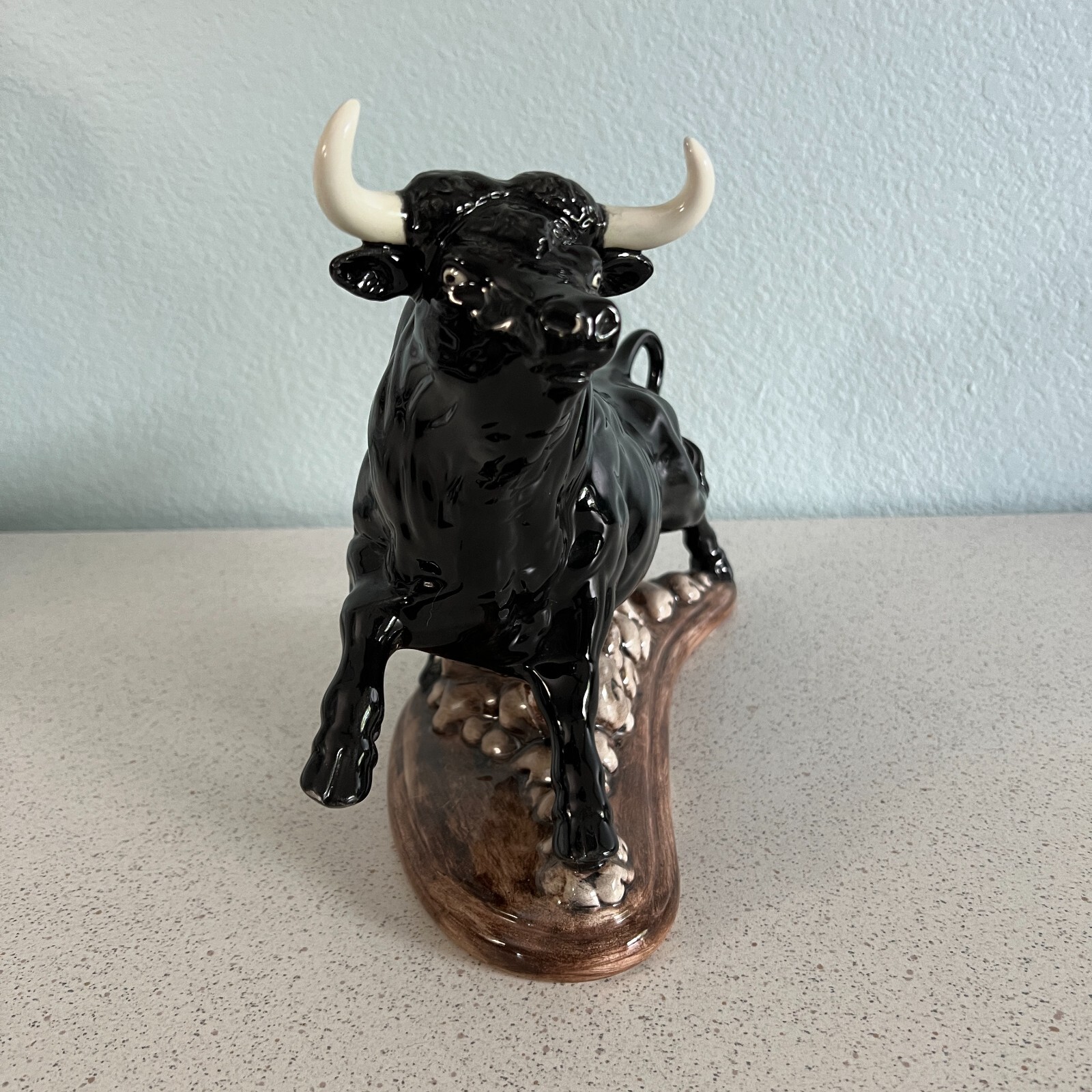Vintage 9.5″ Black Bull Fighting Atlantic Mold Hand Painted Ceramic Figurine