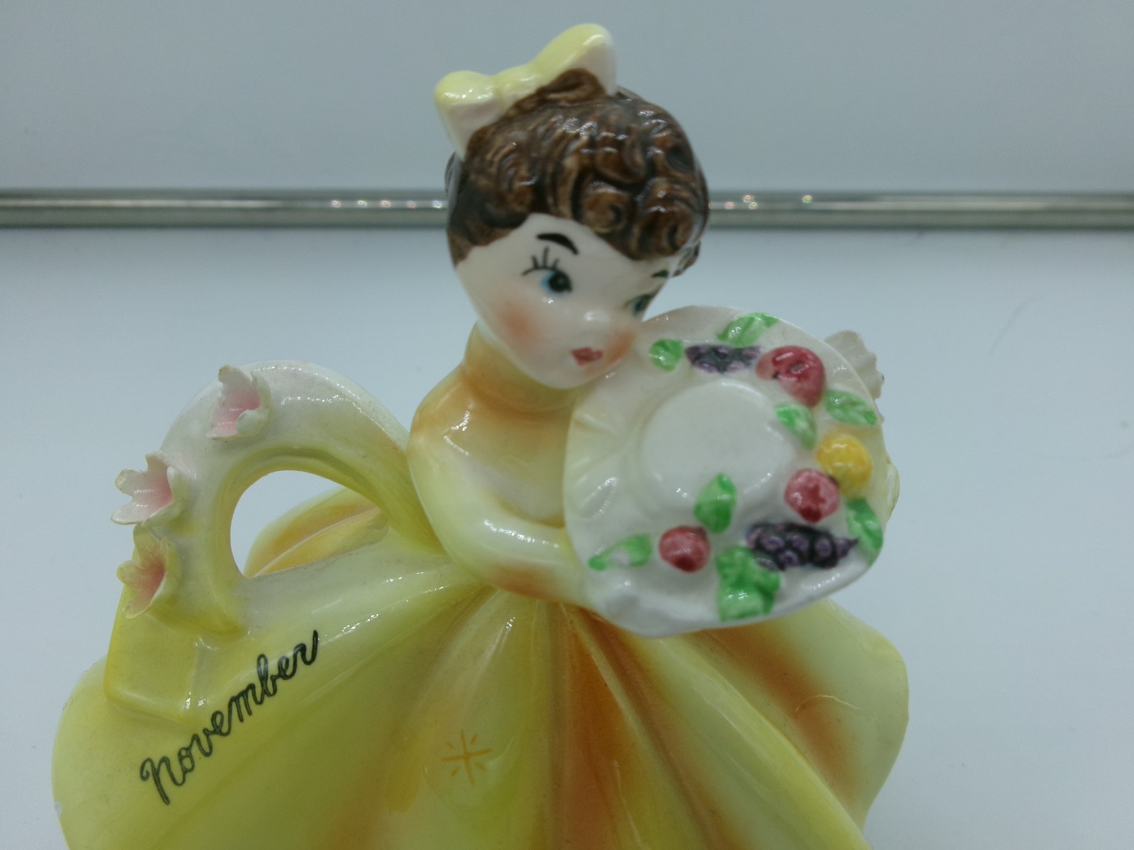 Vtg Lefton Japan November Birthday Girl Figurine Applied Flowers-BEAUTIFUL