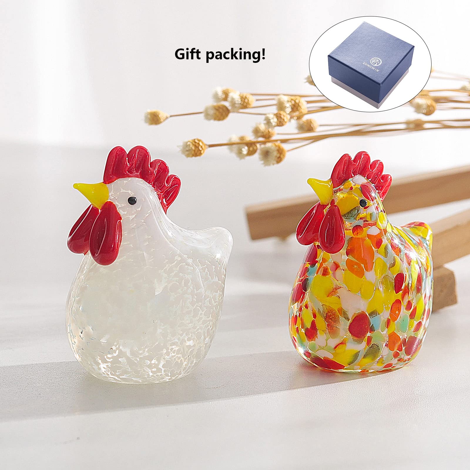 2PCS Mini Glass Chicken Figurine Hand Blown Art Glass Rooster Animal Statues …