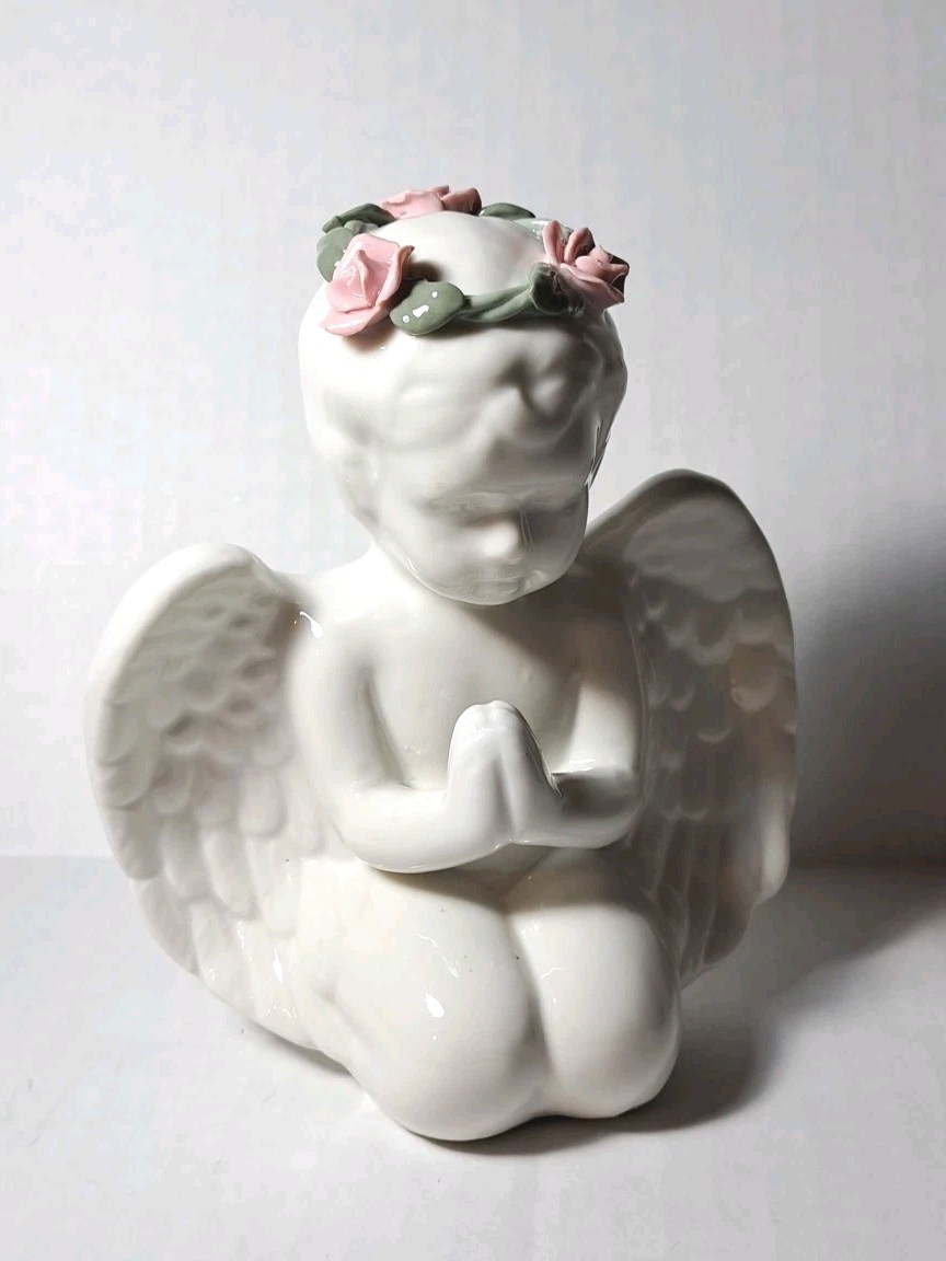 Cherub Fallen Angel Praying Porcelain Figurine Rose Wreath On Head Religious Art