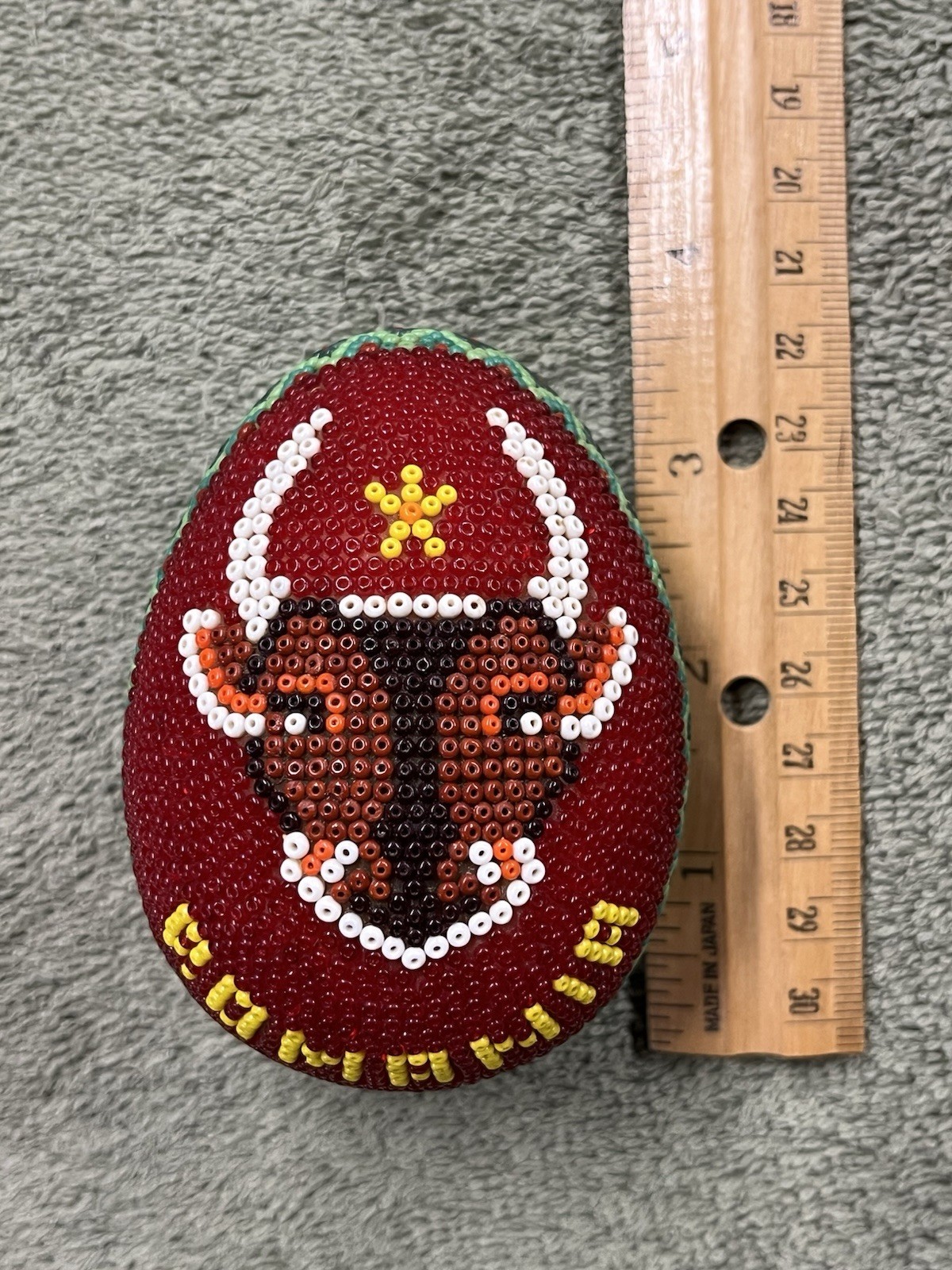 Large Romania Pysanka Glass Beaded Easter Egg Handmade Folk Art Bull Motif 3.5″