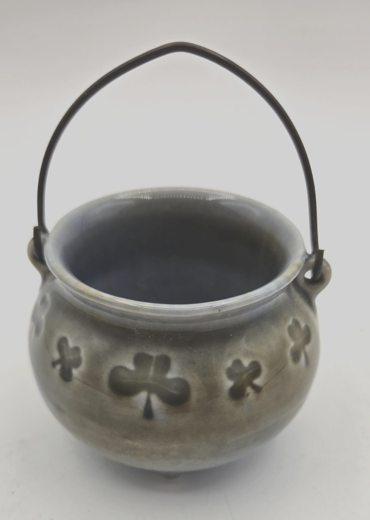 Vintage Irish Porcelain Wade Cauldron with Handle and Green Blue Shamrocks