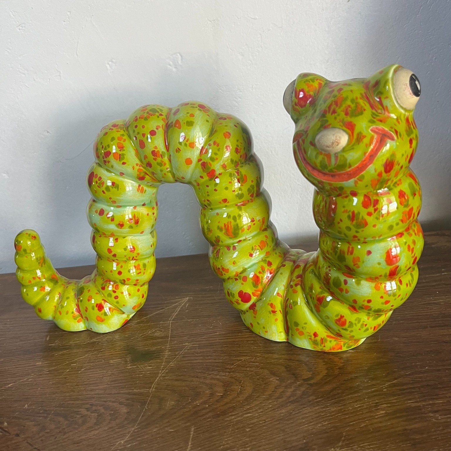 VTG 11” MCM Speckle Ceramic Garden Worm Caterpillar Statue Art Pottery Decor 70s